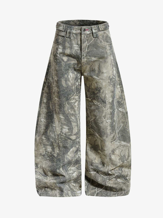 Abstract Camouflage Washed Barrel Jeans