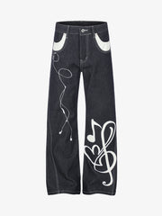Musical Note Embroidery Raw Denim Jeans