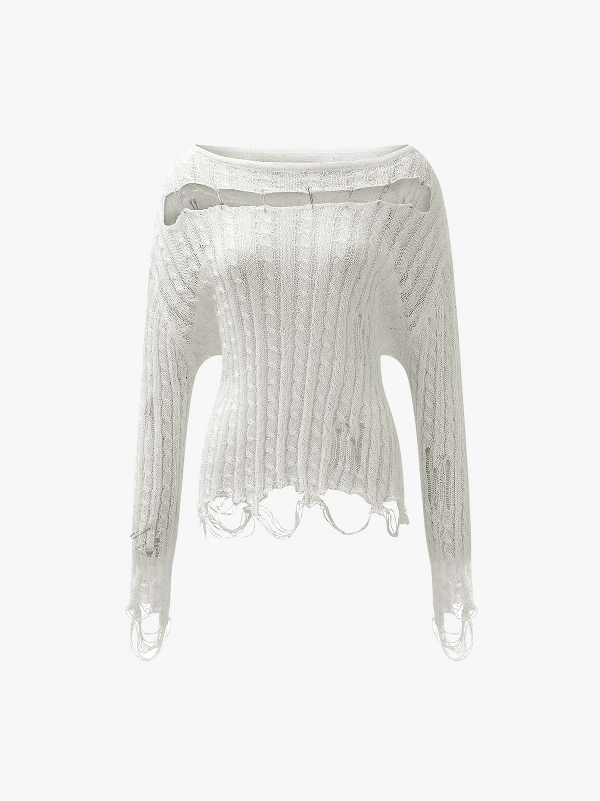 Distressed Pin Off-Shoulder Pullover