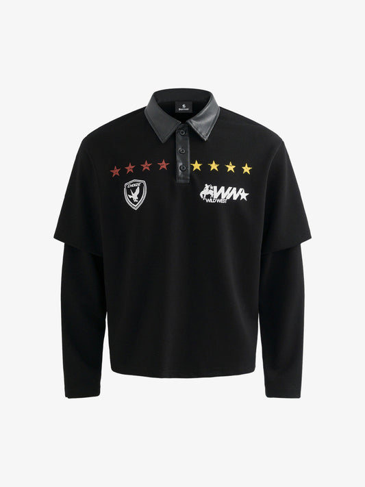 Stylish Black Polo Shirt with Star and Emblem Design for Men 