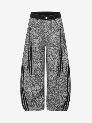 Leopard Print Curved Stripe Baggy Jeans
