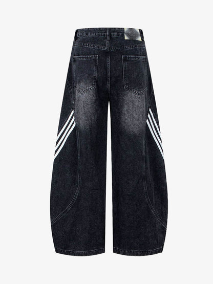 Denim Wide Leg Cropped Pants with White Stripe Design High Waist Fashion Trousers for Women 