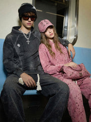 Washed Eyelet Distressed Hoodie & Curved-Leg Sweatpants Set