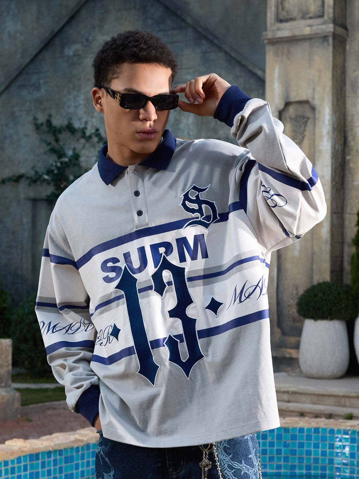 Supermade Color-Blocked Polo Collar Embroidered Print Long-Sleeved Jersey 