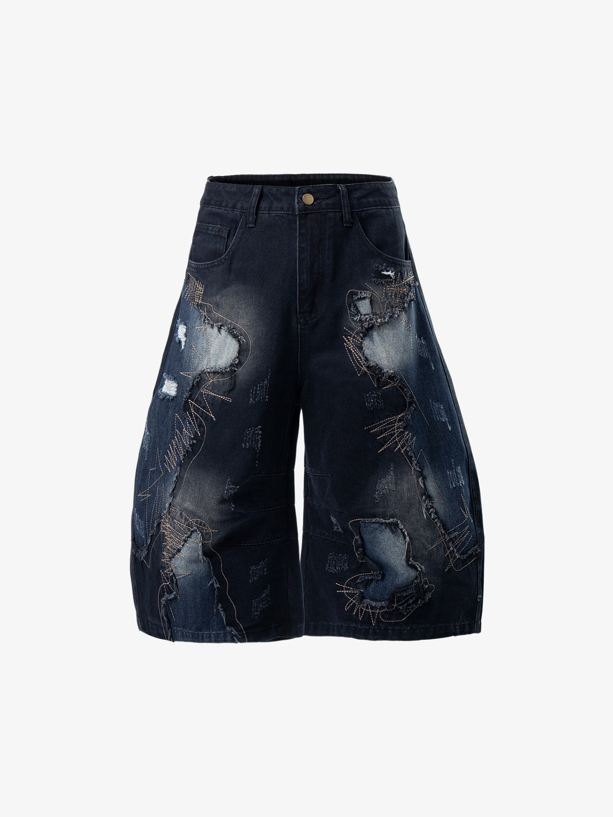Bestickte Jeansshorts mit Used-Look und ausgefranstem Saum
