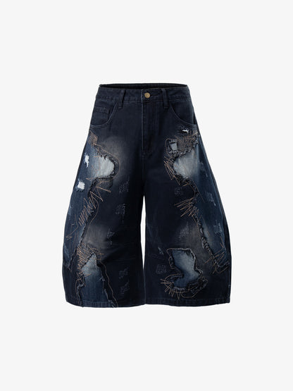 Embroidered Distressed Frayed-Hem Denim Shorts