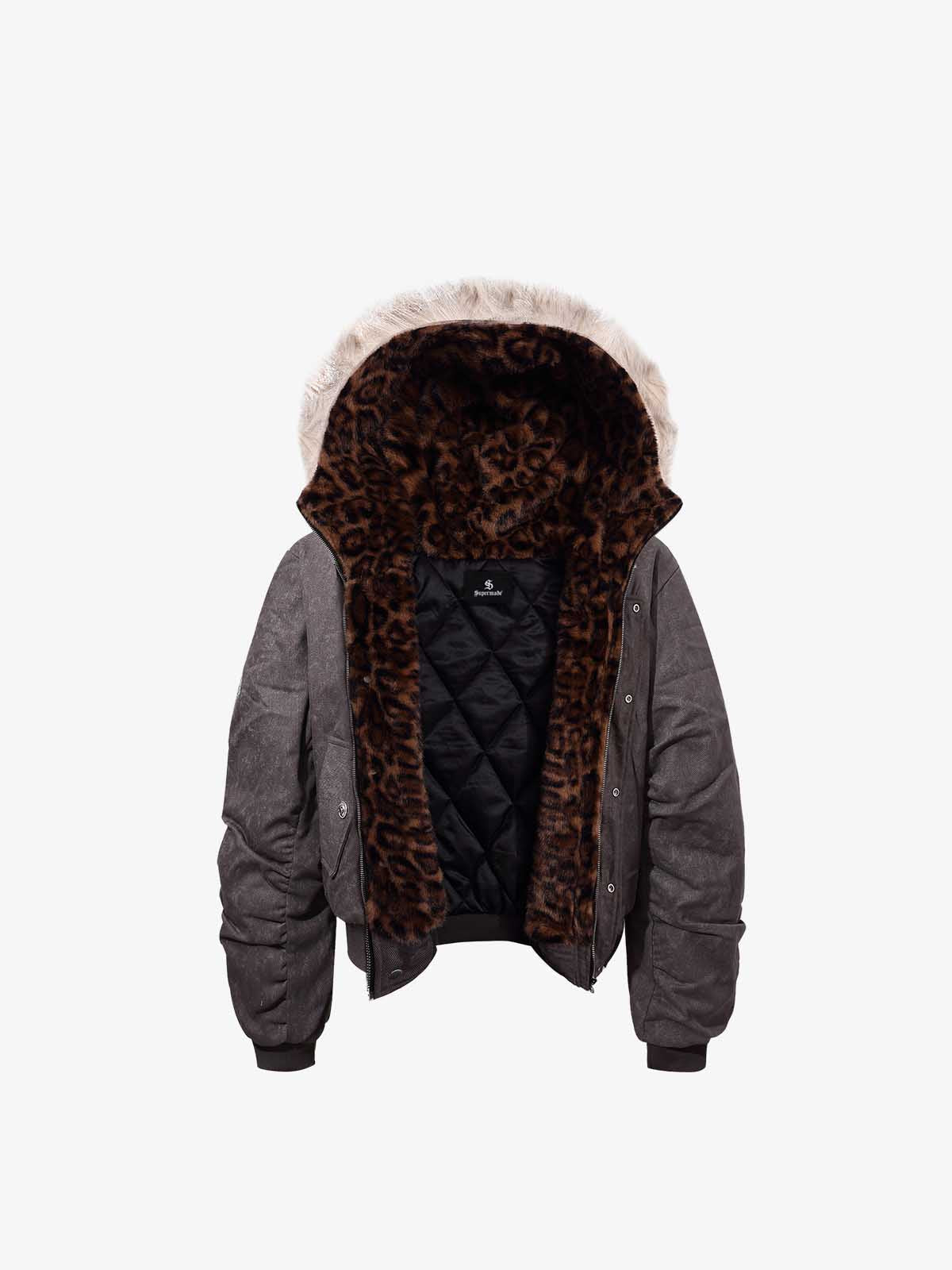 Leopard Panel Fur-Trim Hooded Bomber Jacket 