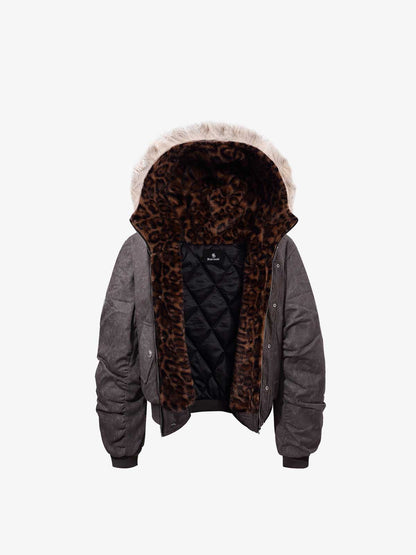 Leopard Panel Fur-Trim Hooded Bomber Jacket 