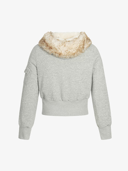 Retro Faux Fur Collar Fleece Zip Up Hoodie Jacket 