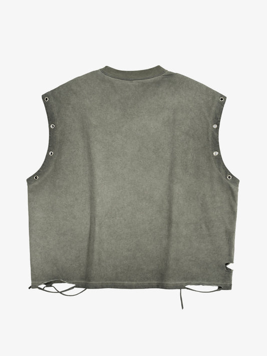 Washed Sleeveless Vest – Oversized Cotton Grommet Detail Drawstring Hem Streetwear