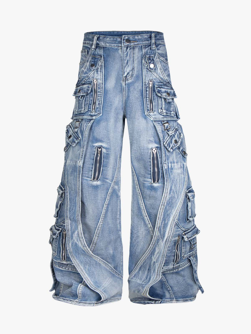 Washed Multi-Pocket Curved-Seam Cargo Jeans
