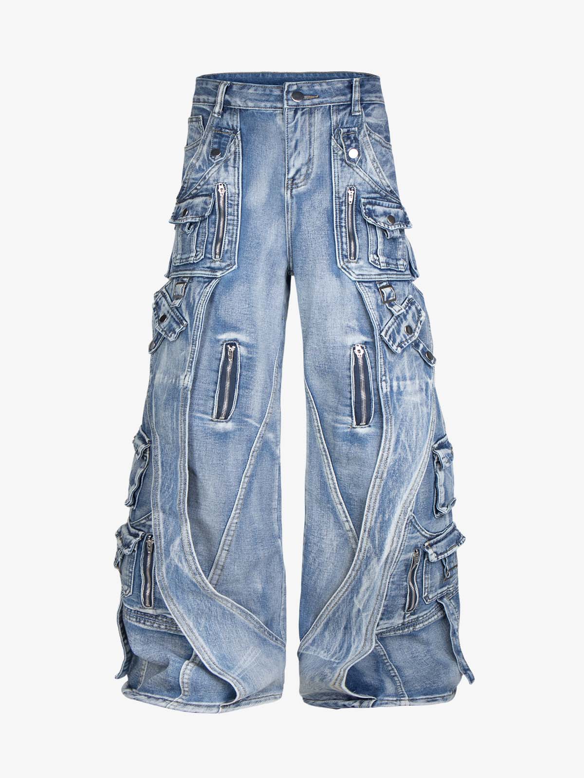 Washed Multi-Pocket Curved-Seam Cargo Jeans