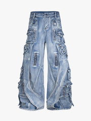 Washed Multi-Pocket Curved-Seam Cargo Jeans