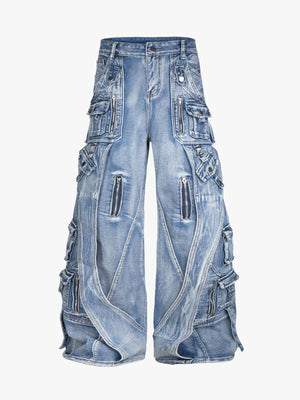 Washed Multi-Pocket Curved-Seam Cargo Jeans