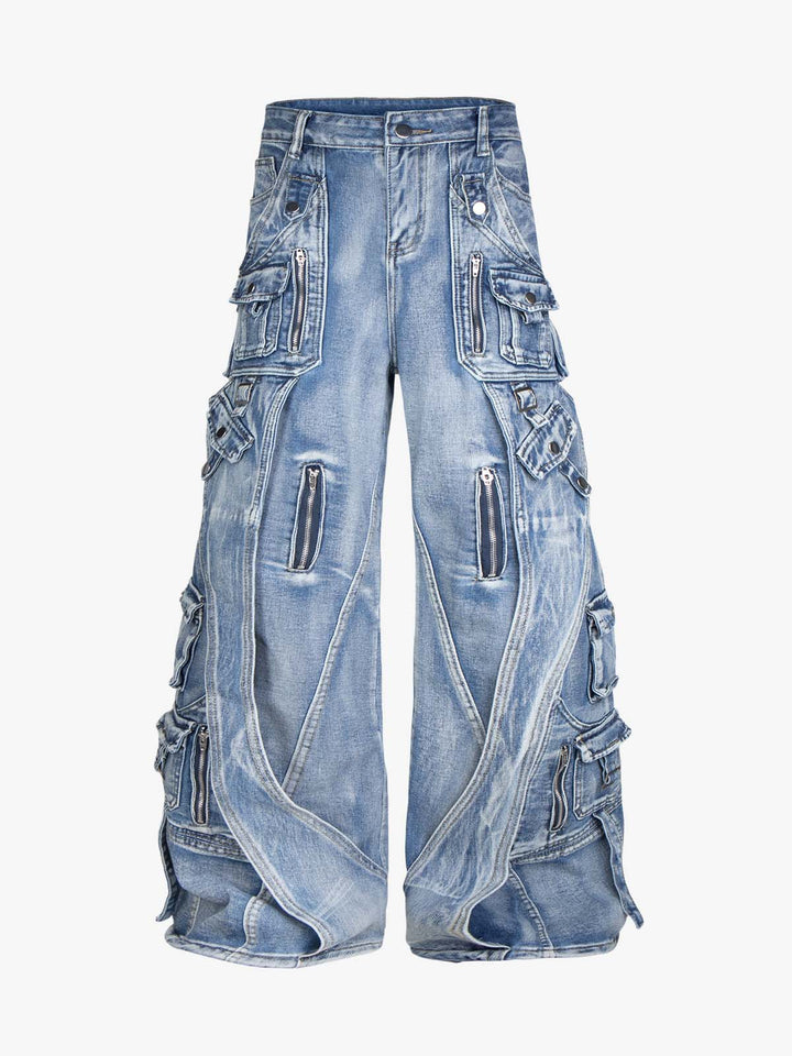 Washed Multi-Pocket Curved-Seam Cargo Jeans; Blue / S, Blue / M, Blue / L, Blue / XL
