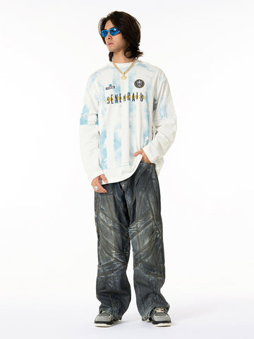 Vintage Washed Distressed Multi-Structure Patchwork Jeans 