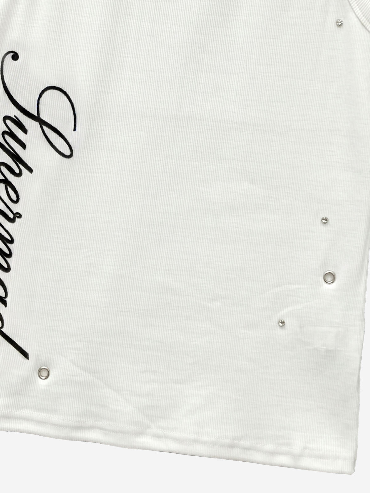 Stretch ribbed fabric punk y2k streetwear vest, adorned with metal buttonholes and letter embroidery.