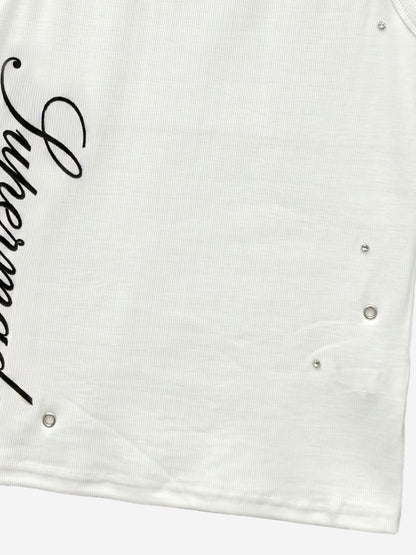 Stretch ribbed fabric punk y2k streetwear vest, adorned with metal buttonholes and letter embroidery.