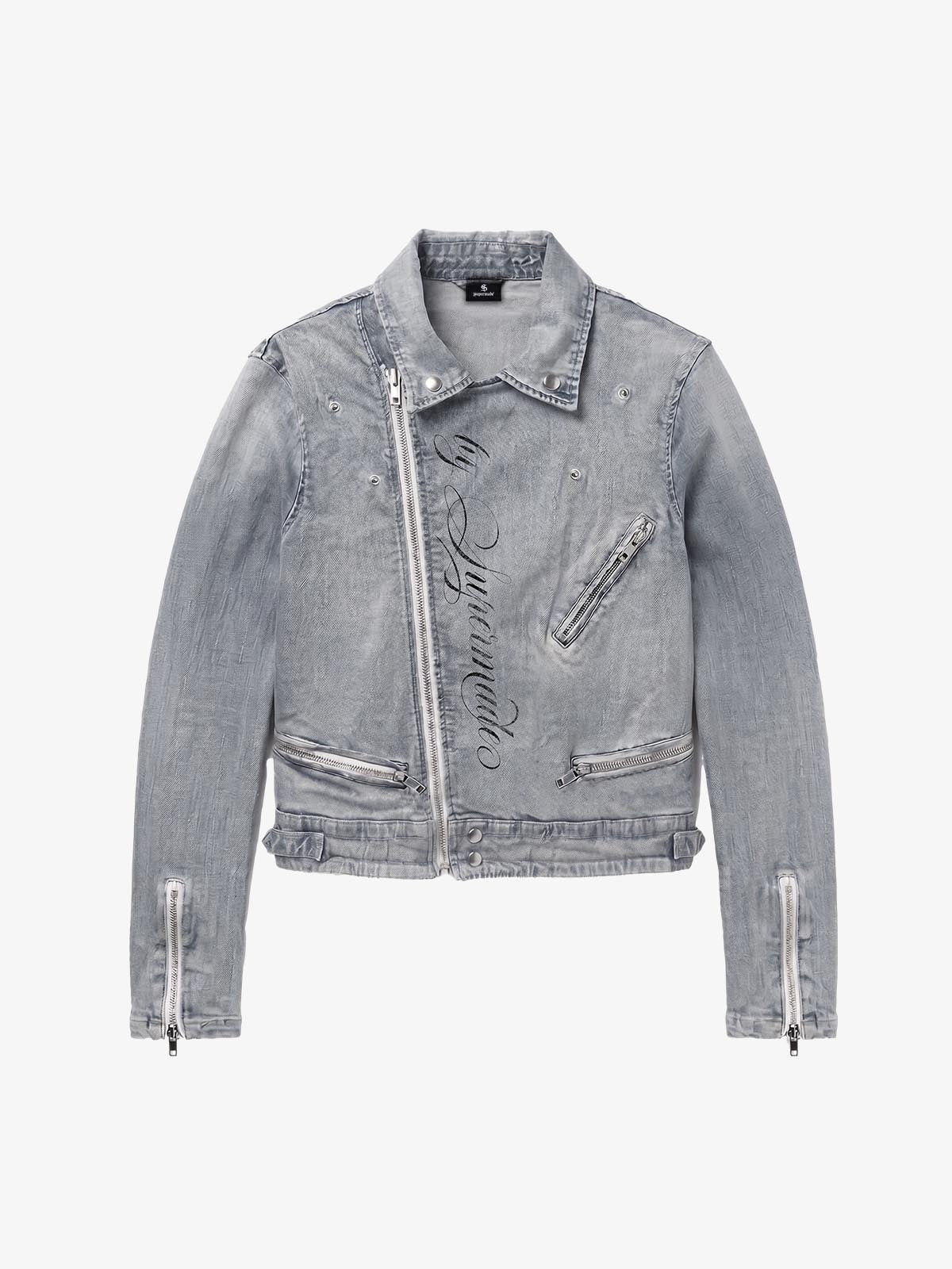 Devil Graphic Studded Heavyweight Biker Denim Jacket