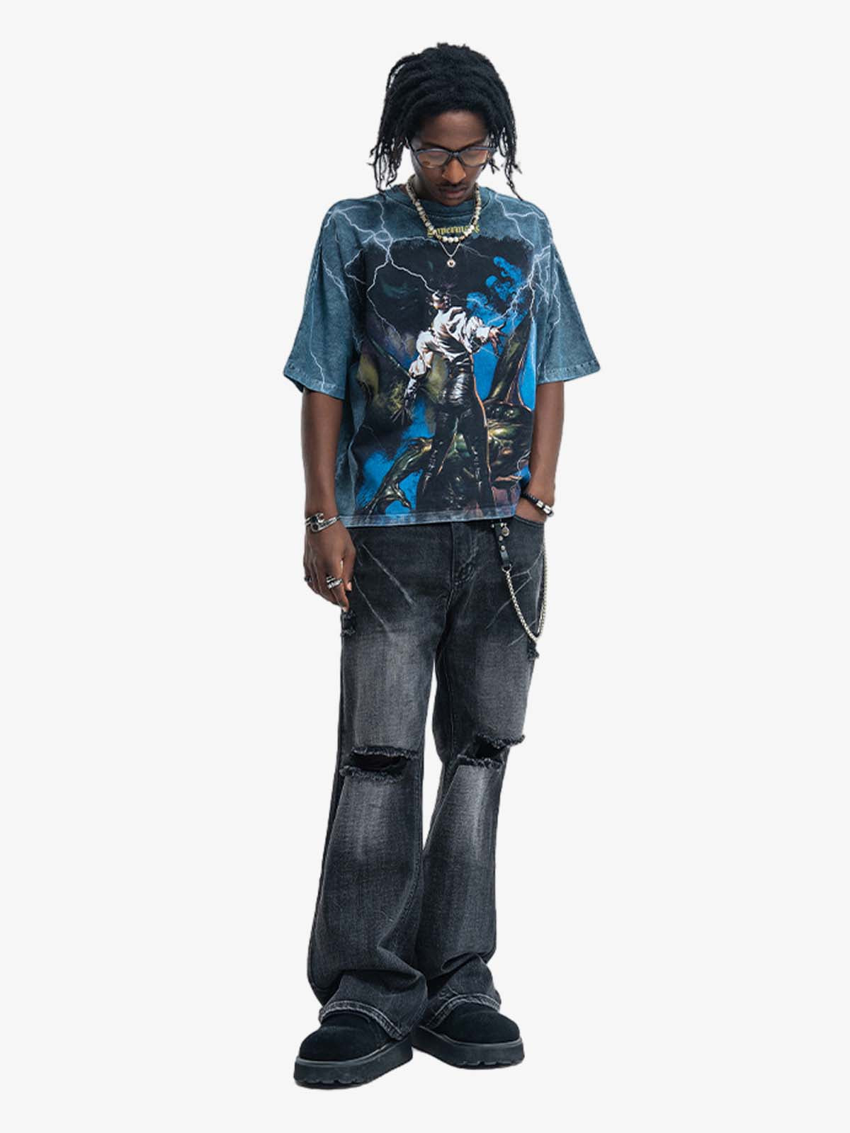 300G Jade Pattern Dyed Cotton T-Shirt with Lightning Graphic Print Oversized Streetwear Tee 