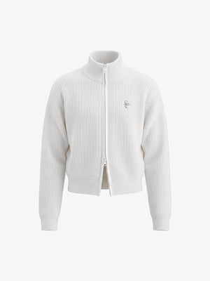 Leather Patch Embroidered Zip Cardigan