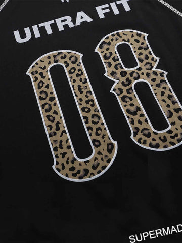 Leopard-Panel Slogan Quick-Dry Long Sleeve Tee