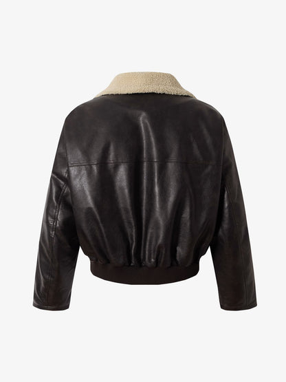 Vintage Shearling Collar Quilted Leather Jacket 