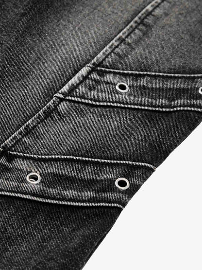 V-Seam Raw Edge Panel Distressed Utility Denim Jeans