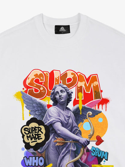 Angel statue and street graffiti mixed pattern T-shirt 