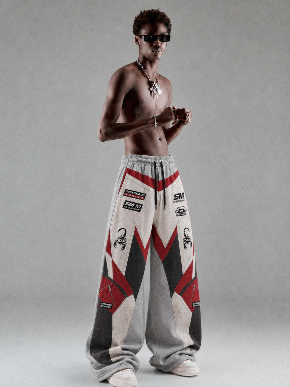 3D Biker Graphic Washed Distressed Wide-Leg Sweatpants