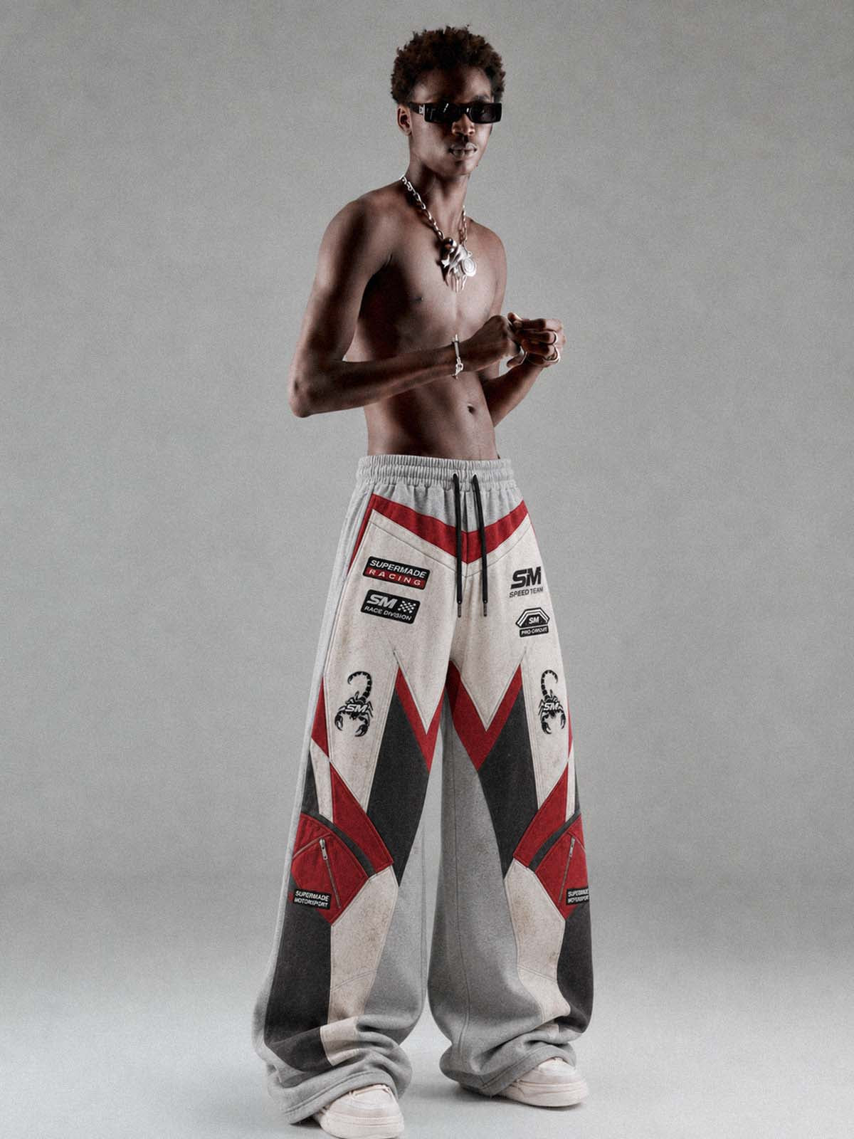 3D Biker Graphic Washed Distressed Wide-Leg Sweatpants