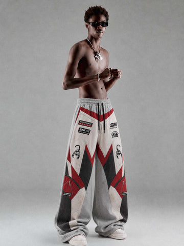 3D Biker Graphic Washed Distressed Wide-Leg Sweatpants