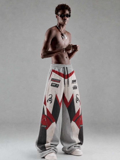 3D Biker Graphic Washed Distressed Wide-Leg Sweatpants