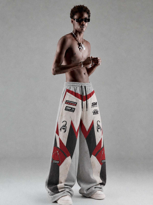 3D Biker Graphic Washed Distressed Wide-Leg Sweatpants