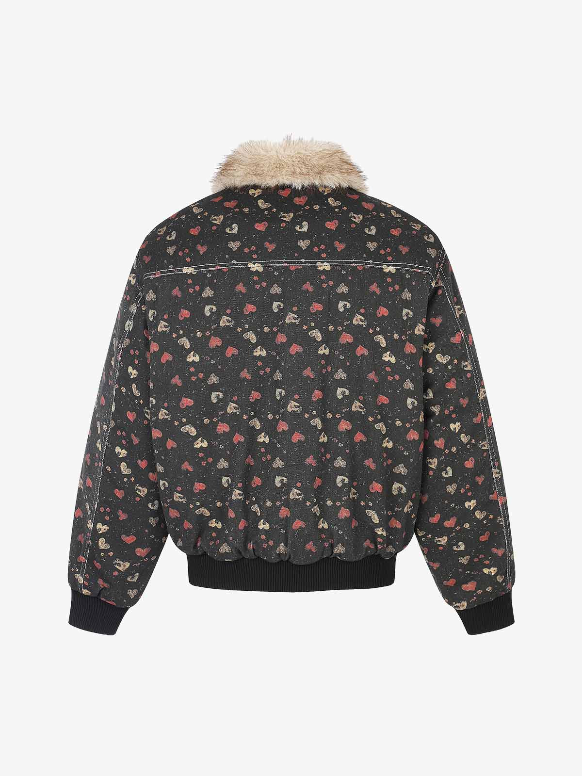 Heart Graphic Faux-Fur Collar Denim Padded Coat