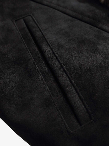 Retro Suede Texture Shearling Collar Fleece Bomber Jacket 