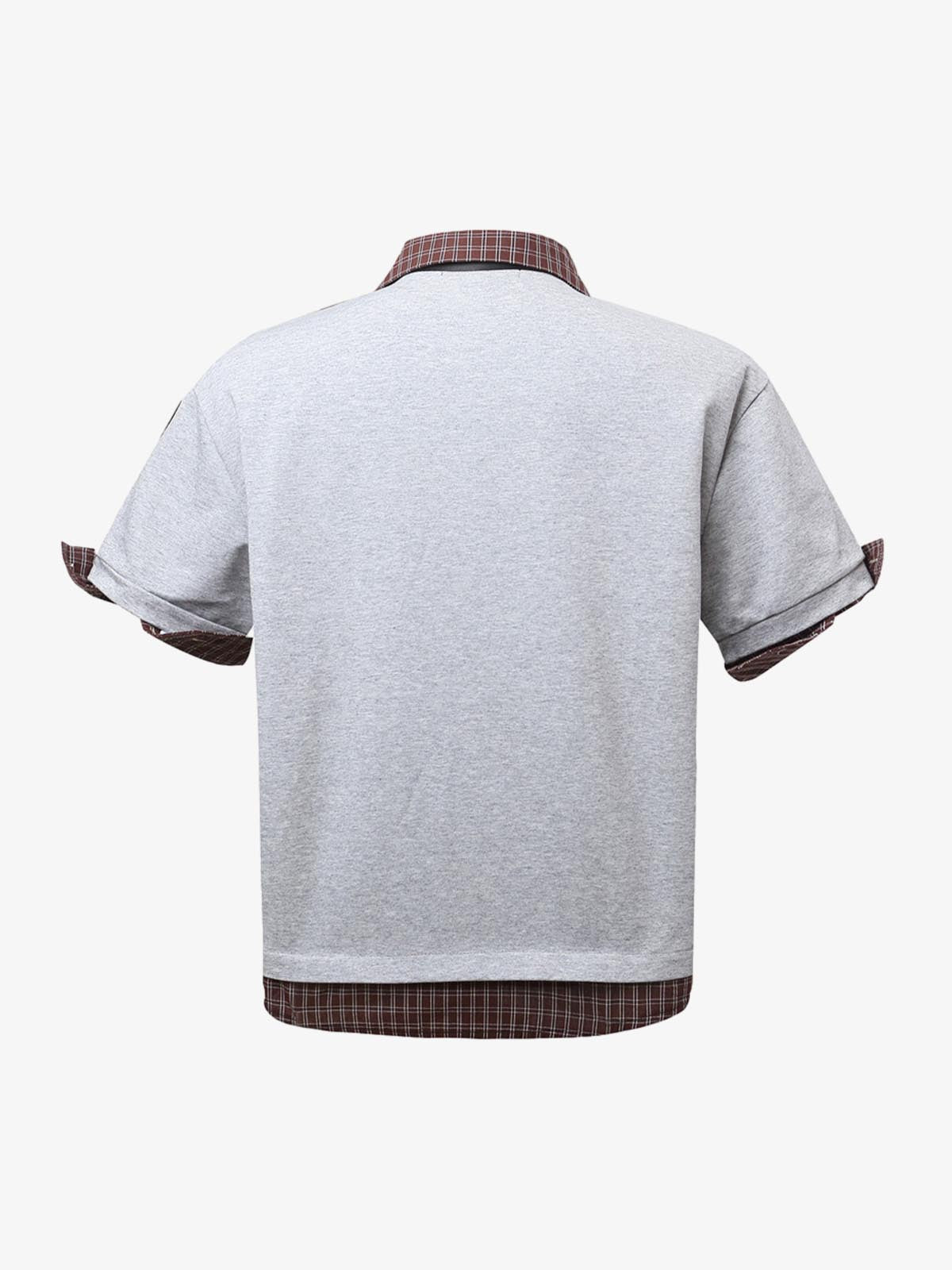 Plaid Patchwork Faux Two-Piece Lapel Polo Shirt 