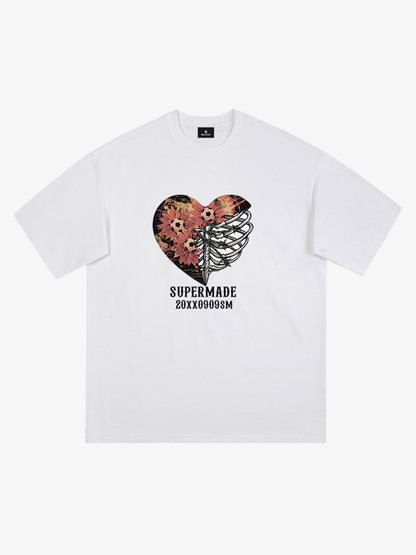 Cotton Black Heart Print Graphic T-Shirt with Floral and Skeleton Design 