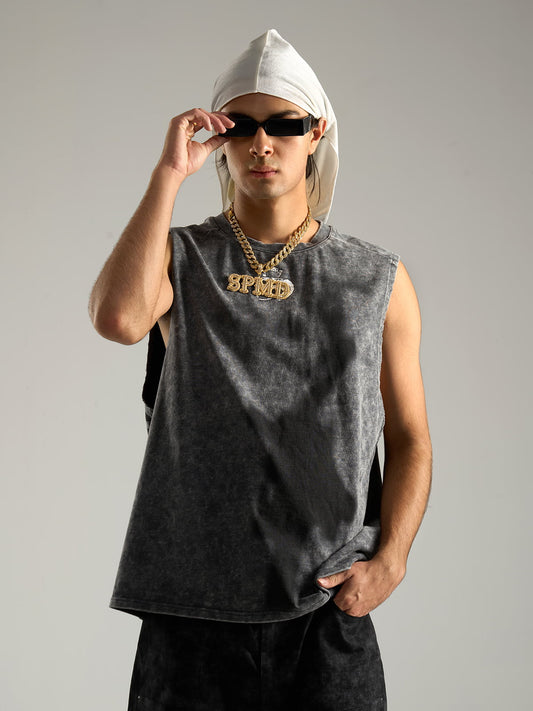 Cross-Print Distressed Washed Vest 