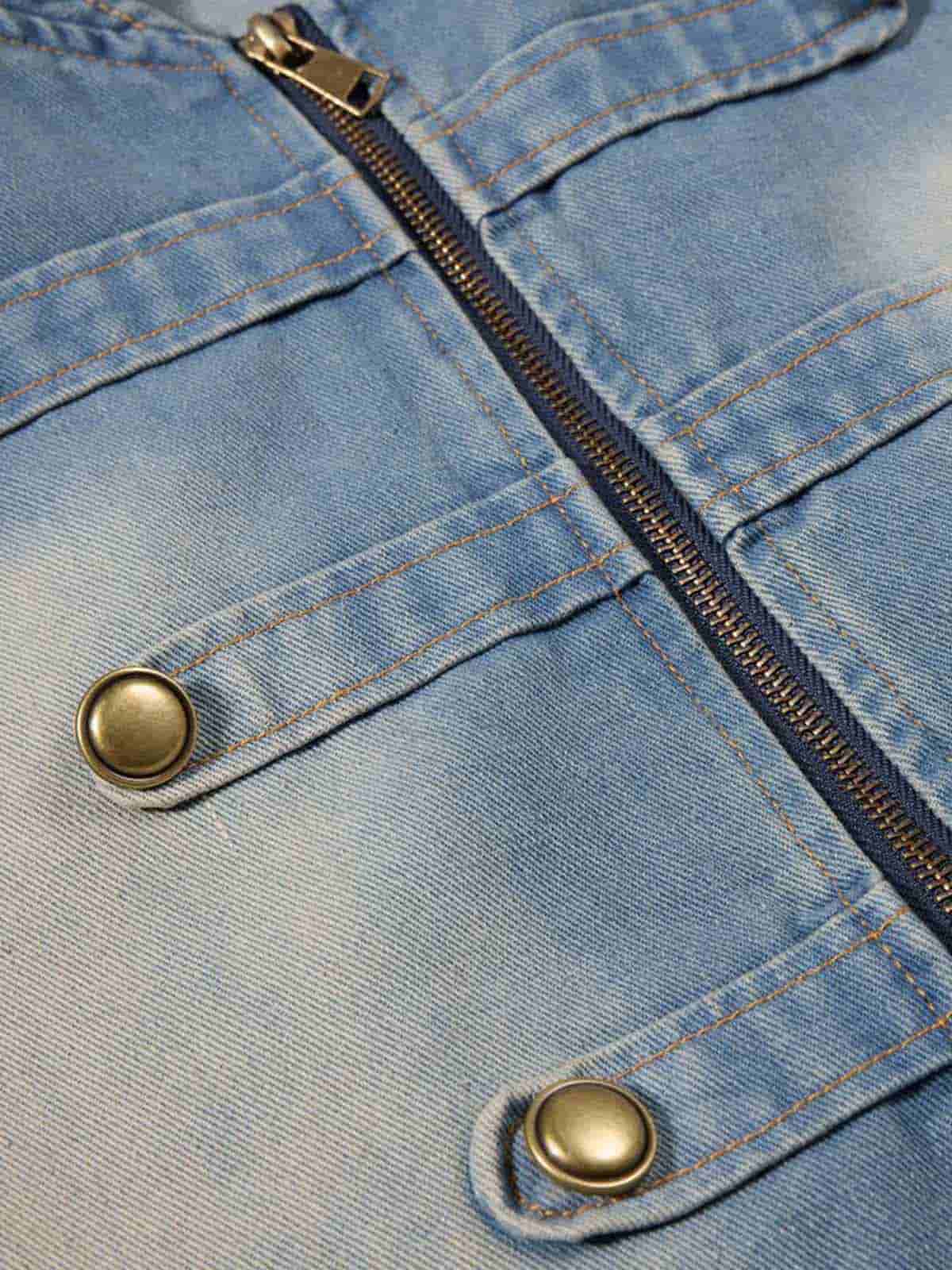 Washed Double-Breasted Stand-Collar Denim Jacket