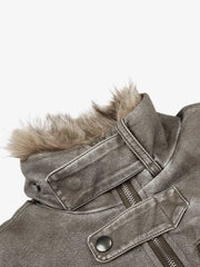 Washed High-Collar Multi-Zip Bomber Coat