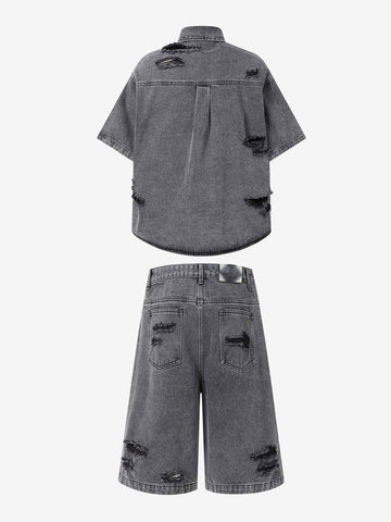 Retro Washed Plaid-Paneled Distressed Denim Set 
