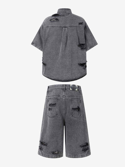 Retro Washed Plaid-Paneled Distressed Denim Set 