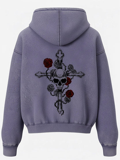 Thesupermade Washed Batik Double Zipper Cardigan Hooded Sweatshirt Rose Wrapped Skull Cross 