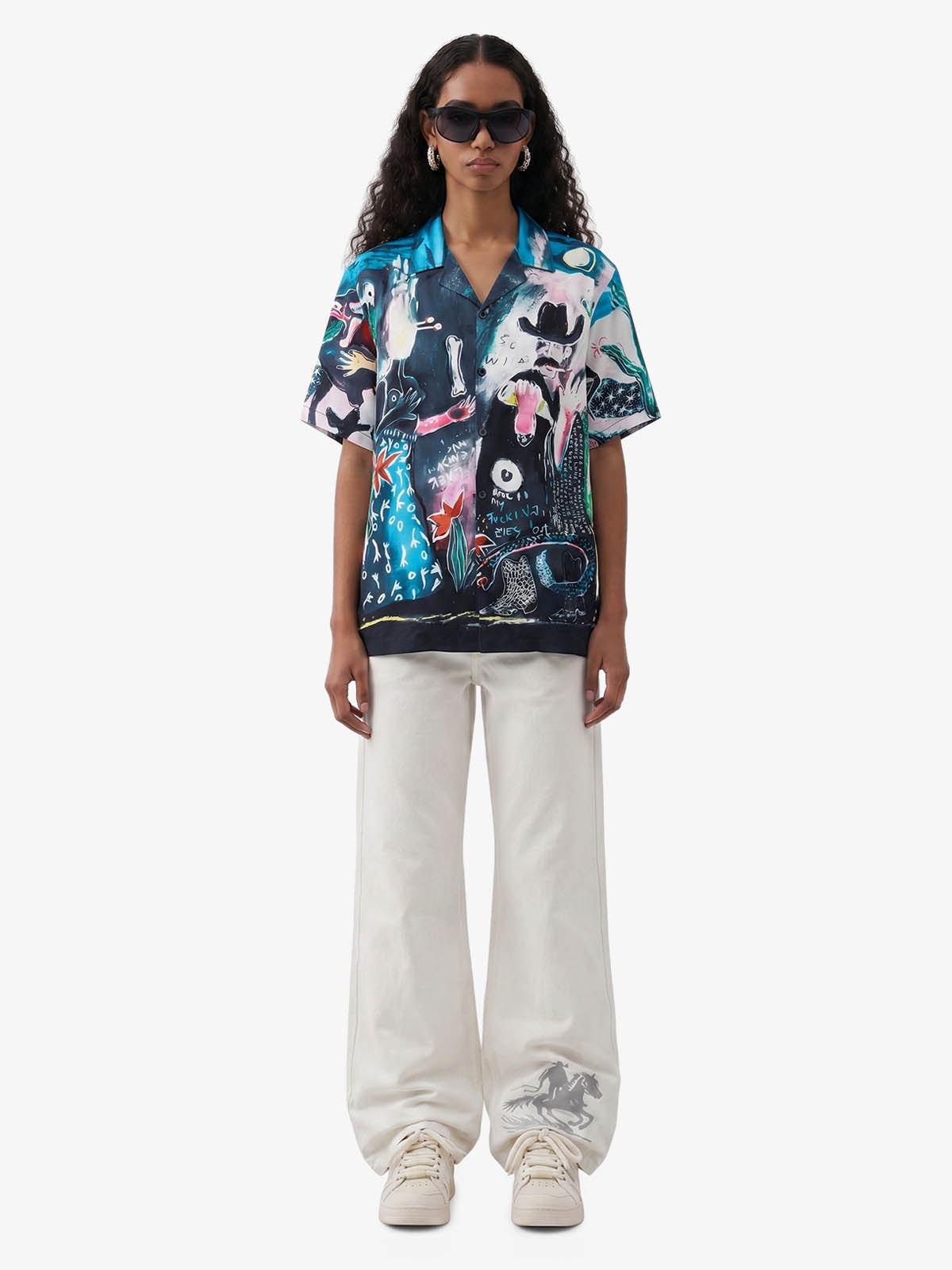 Blue Abstract Oil Painting Camp Collar Boxy Shirt 