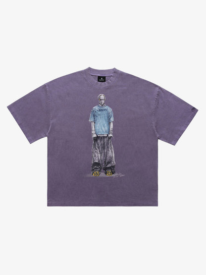 300G Jade Pattern Dyed Cotton Oversized T-Shirt with Skeleton Graphic Print Streetwear 