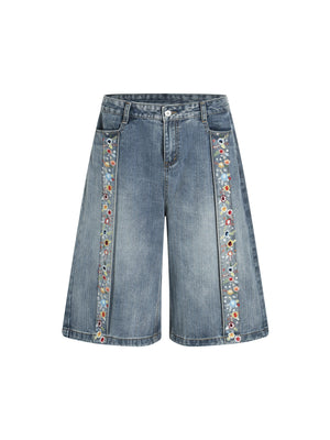 Embroidered Floral Culottes Denim Jorts 