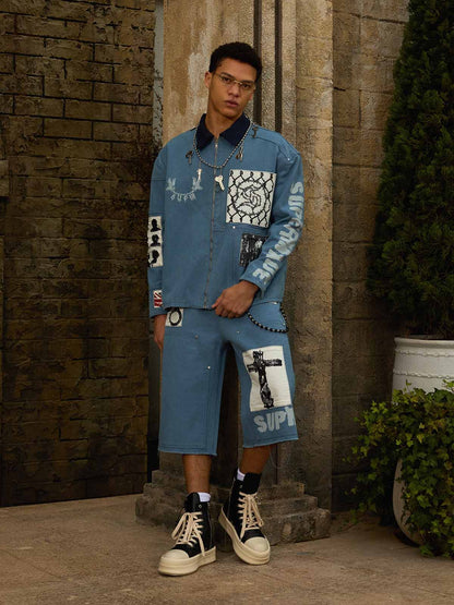 Supermade Multi-Element Appliqué Patchwork Denim Suit 