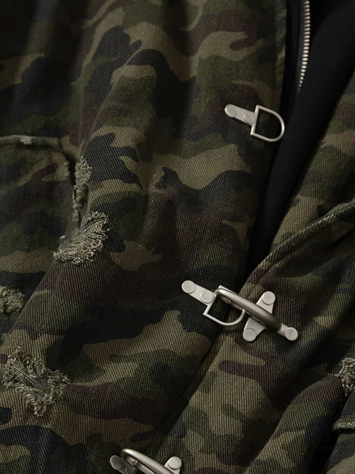 Camouflage Hooded Jacket with Distressed Details and Toggle Closure 