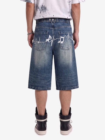 Music Print Denim Shorts with Embroidered Notes